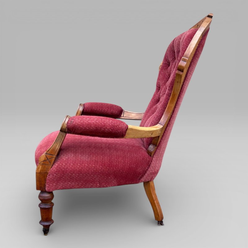 Antique Victorian Satin Burch Red Button Back Armchair with Turned Legs - Image 4